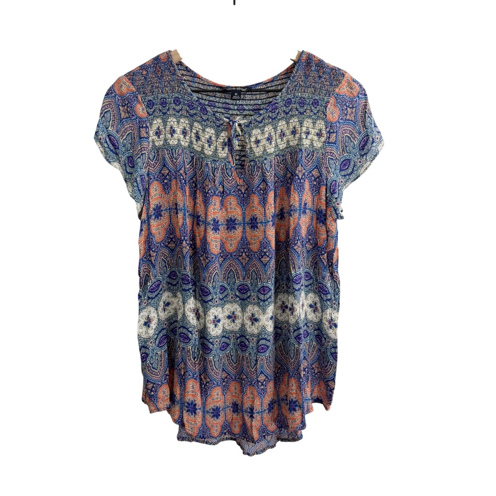 Lucky Brand Mosaic Smocked Blouse Blue Medium Boho Cottagecore Festival Prairie